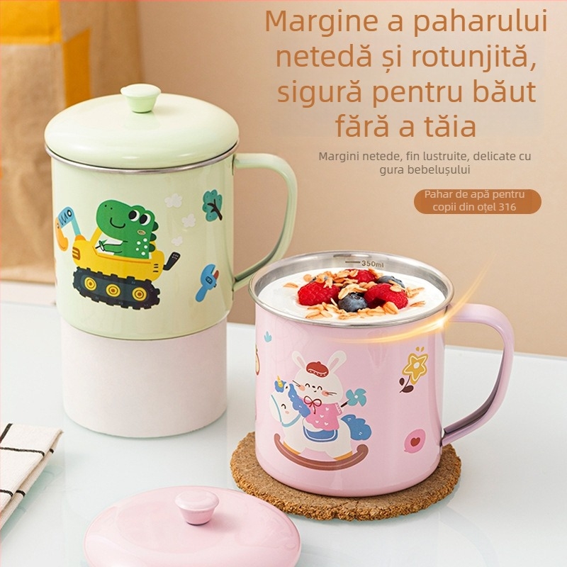 Cană pentru copii din oțel inoxidabil 316, calitate alimentară, pentru grădiniță, cu capac și scară de măsură, cu motiv dinozaur