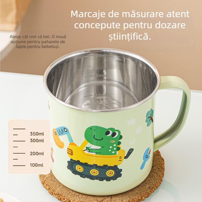 Cană pentru copii din oțel inoxidabil 316, calitate alimentară, pentru grădiniță, cu capac și scară de măsură, cu motiv dinozaur