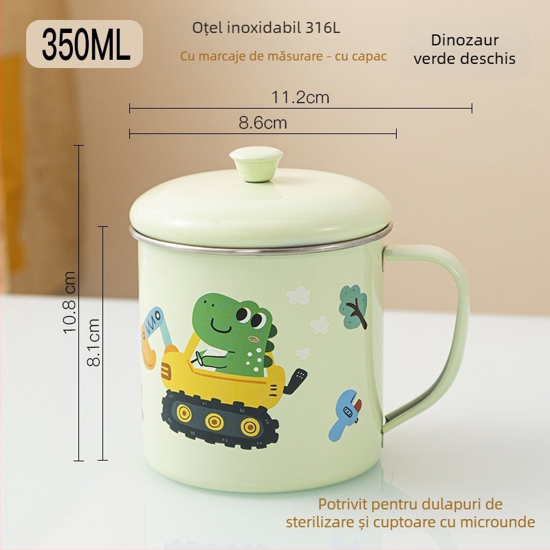 Cană pentru copii din oțel inoxidabil 316, calitate alimentară, pentru grădiniță, cu capac și scară de măsură, cu motiv dinozaur
