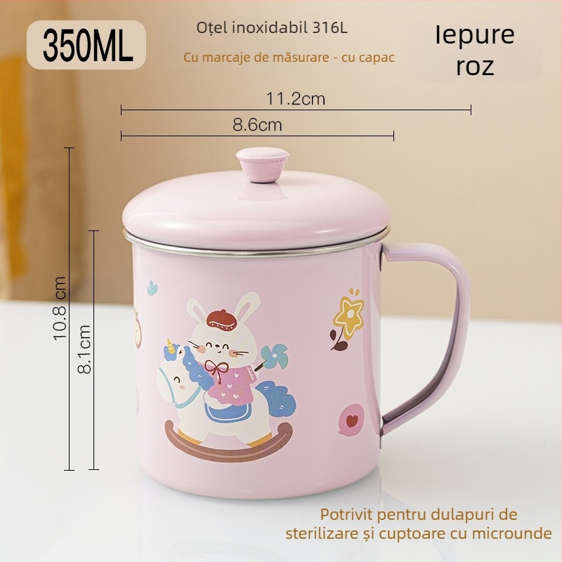 Cană pentru copii din oțel inoxidabil 316, calitate alimentară, pentru grădiniță, cu capac și scară de măsură, cu motiv dinozaur