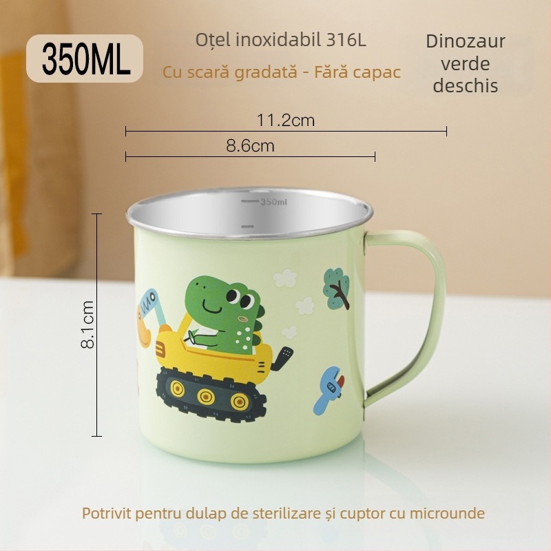 Cană pentru copii din oțel inoxidabil 316, calitate alimentară, pentru grădiniță, cu capac și scară de măsură, cu motiv dinozaur