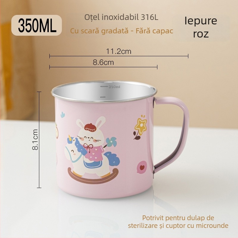 Cană pentru copii din oțel inoxidabil 316, calitate alimentară, pentru grădiniță, cu capac și scară de măsură, cu motiv dinozaur