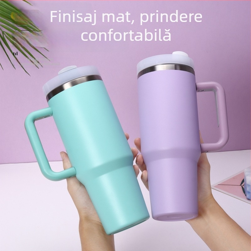 Cană auto din oțel inoxidabil, izolație vid, pereți dubli, cu pai, mâner, 40 oz