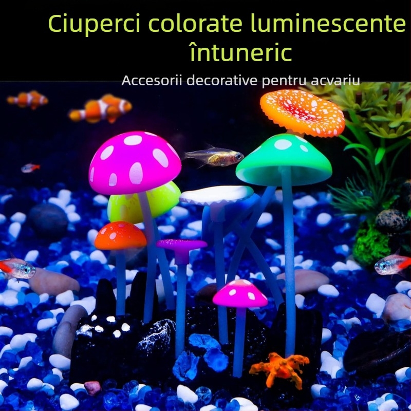 Decorațiuni din silicon fosforescente pentru acvariu: ciuperci realiste, plante acvatice, frunze de lotus și stâncă decorativă pentru aquascaping