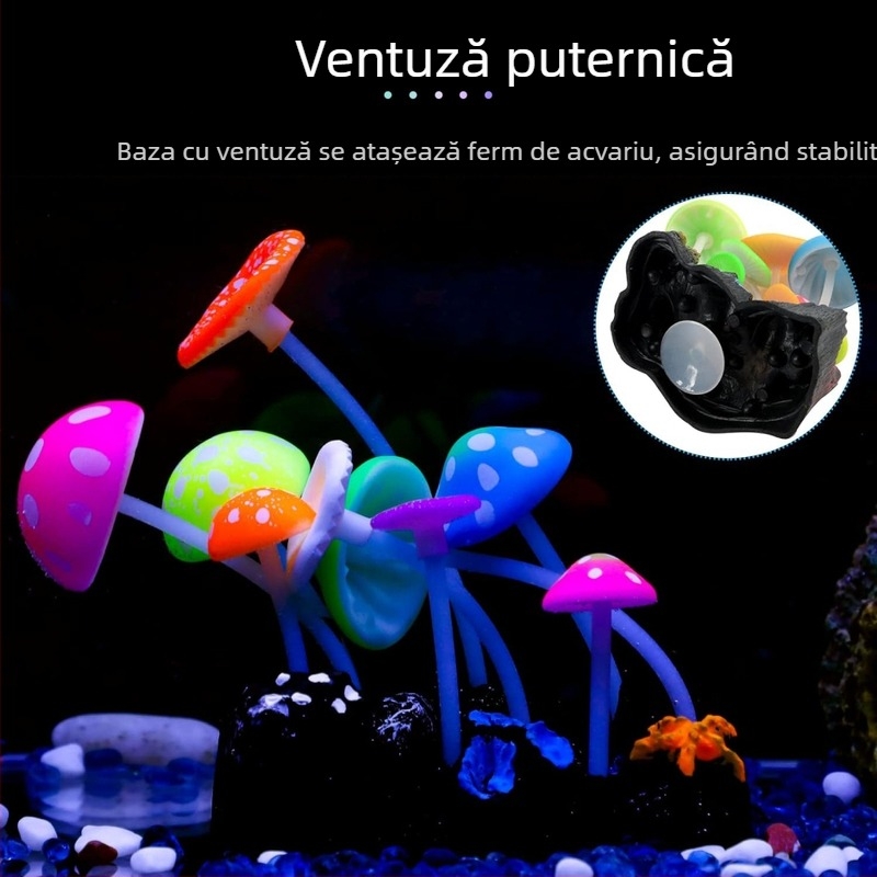 Decorațiuni din silicon fosforescente pentru acvariu: ciuperci realiste, plante acvatice, frunze de lotus și stâncă decorativă pentru aquascaping