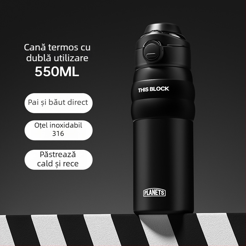 Cană termică din oțel inoxidabil 316, stil stradal, utilizare duală, izolație, recipient sport portabil cu pai