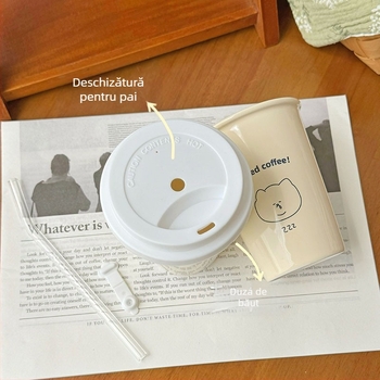 Ceașcă ceramică pentru cafea și ceai cu lapte, stil Instagram, imitare a unui pahar de hârtie, pentru uz casnic, design drăguț desen animat cu pai