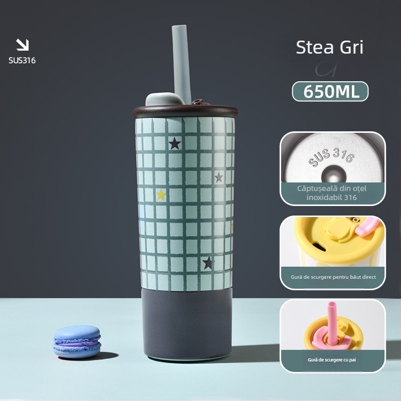 Căniță din oțel inoxidabil 316 cu pai, izolație termică, pentru femei, design drăguț, cupă portabilă