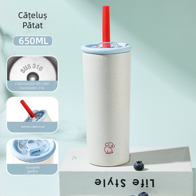 Căniță din oțel inoxidabil 316 cu pai, izolație termică, pentru femei, design drăguț, cupă portabilă