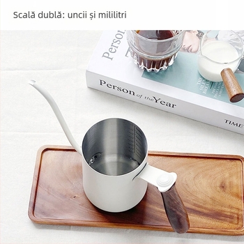 Ceainic pour-over de 350 ml, cu mâner din lemn de nuc, oțel inoxidabil 304, cu scară de măsurare și gură lungă