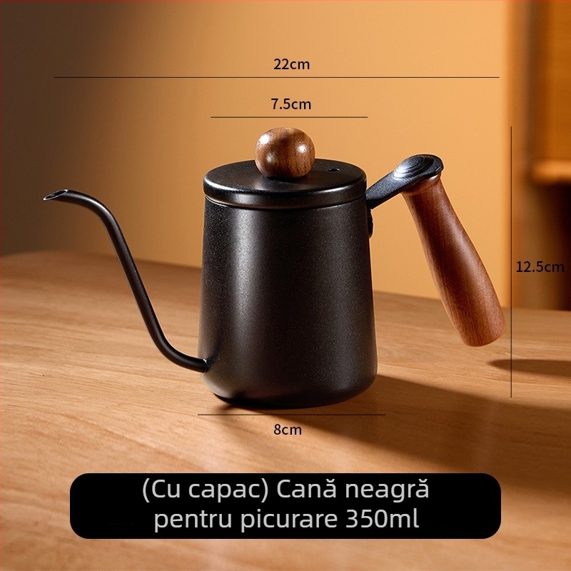Ceainic pour-over de 350 ml, cu mâner din lemn de nuc, oțel inoxidabil 304, cu scară de măsurare și gură lungă