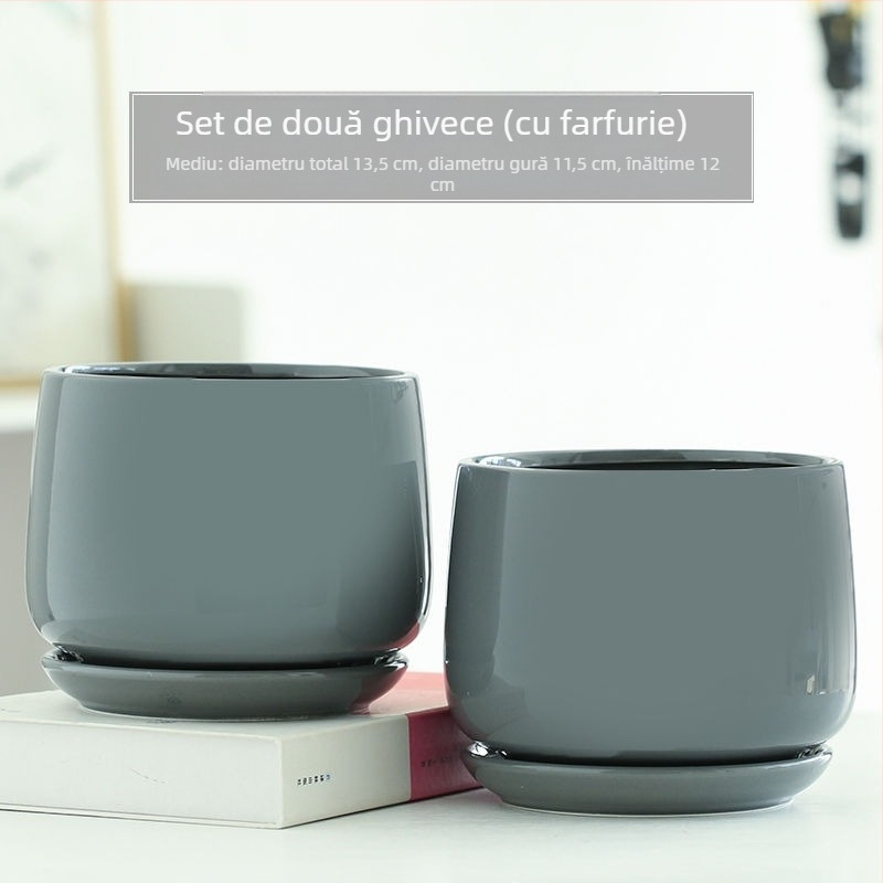 Ghiveci ceramic mare cu tavă, pentru uz casnic, potrivit pentru pothos și suculente.