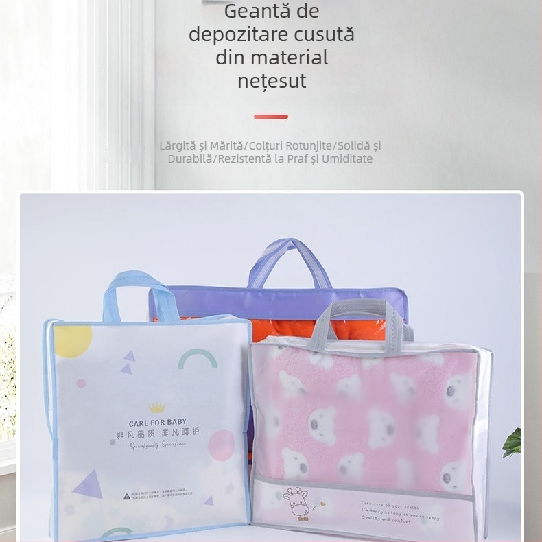 Sac din material nețesut pentru ambalarea hainelor pentru copii și a seturilor de textile de casă, potrivit pentru două sau patru piese, protecție împotriva prafului, imprimare a logo-ului