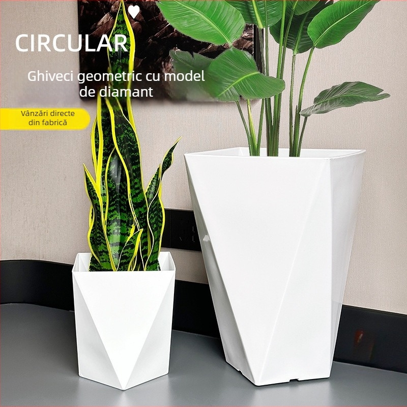 Ghiveci de plante din rășină cu design geometric diamant – extra-larg, pentru podea, pentru living sau birou, stil minimalist