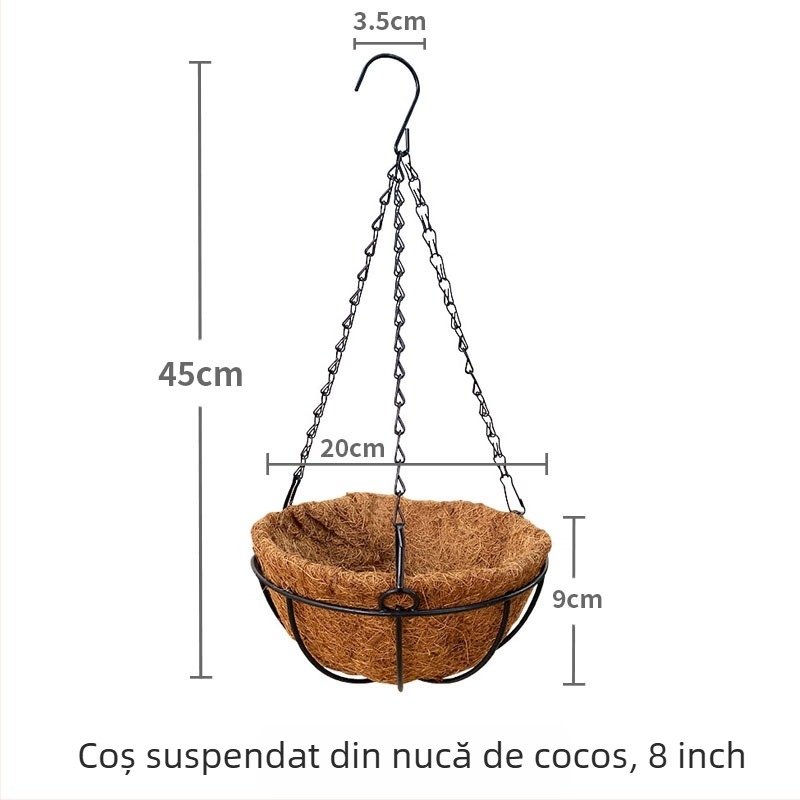 Ghiveci suspendat prietenos cu mediul, respirabil, pentru balcon — coș din fibre de cocos, pentru montaj pe perete sau pentru agățat