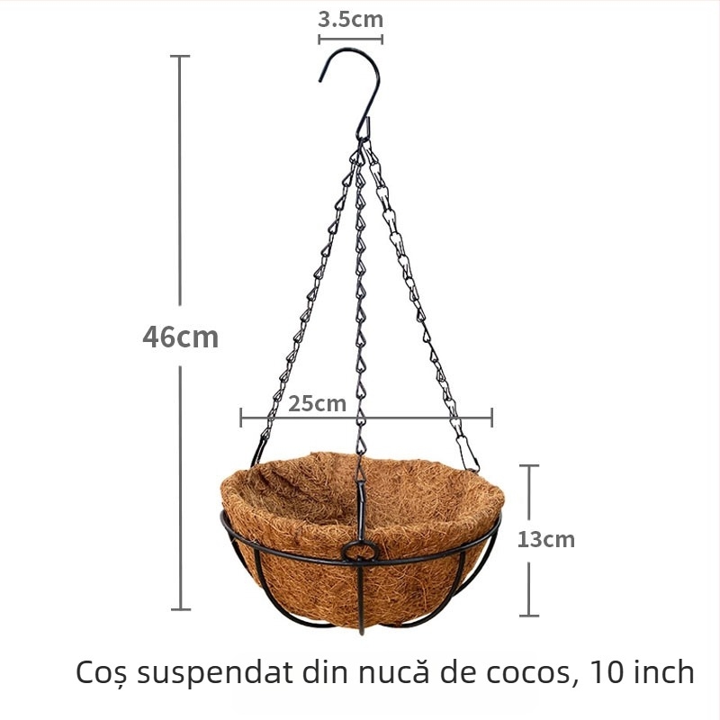 Ghiveci suspendat prietenos cu mediul, respirabil, pentru balcon — coș din fibre de cocos, pentru montaj pe perete sau pentru agățat