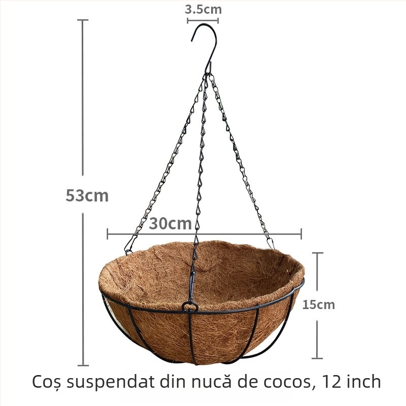 Ghiveci suspendat prietenos cu mediul, respirabil, pentru balcon — coș din fibre de cocos, pentru montaj pe perete sau pentru agățat