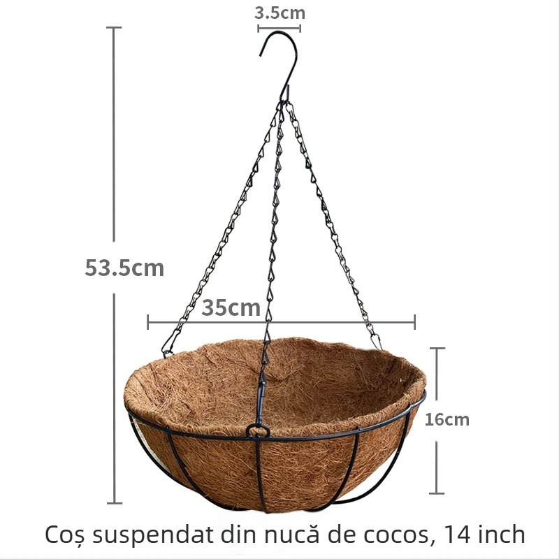 Ghiveci suspendat prietenos cu mediul, respirabil, pentru balcon — coș din fibre de cocos, pentru montaj pe perete sau pentru agățat