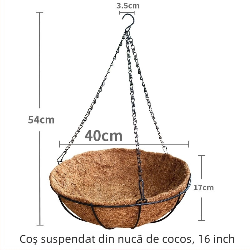 Ghiveci suspendat prietenos cu mediul, respirabil, pentru balcon — coș din fibre de cocos, pentru montaj pe perete sau pentru agățat