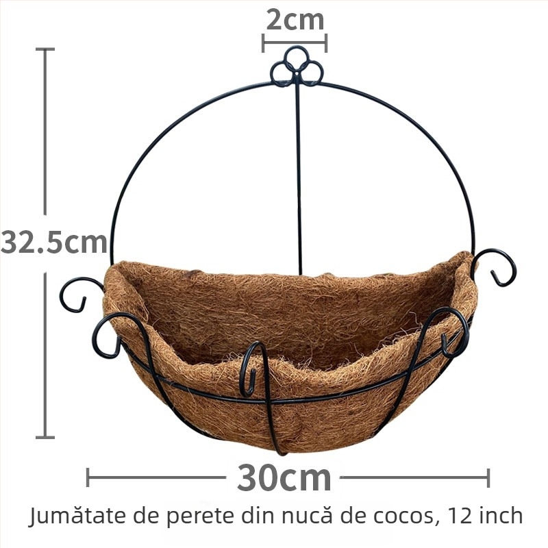 Ghiveci suspendat prietenos cu mediul, respirabil, pentru balcon — coș din fibre de cocos, pentru montaj pe perete sau pentru agățat