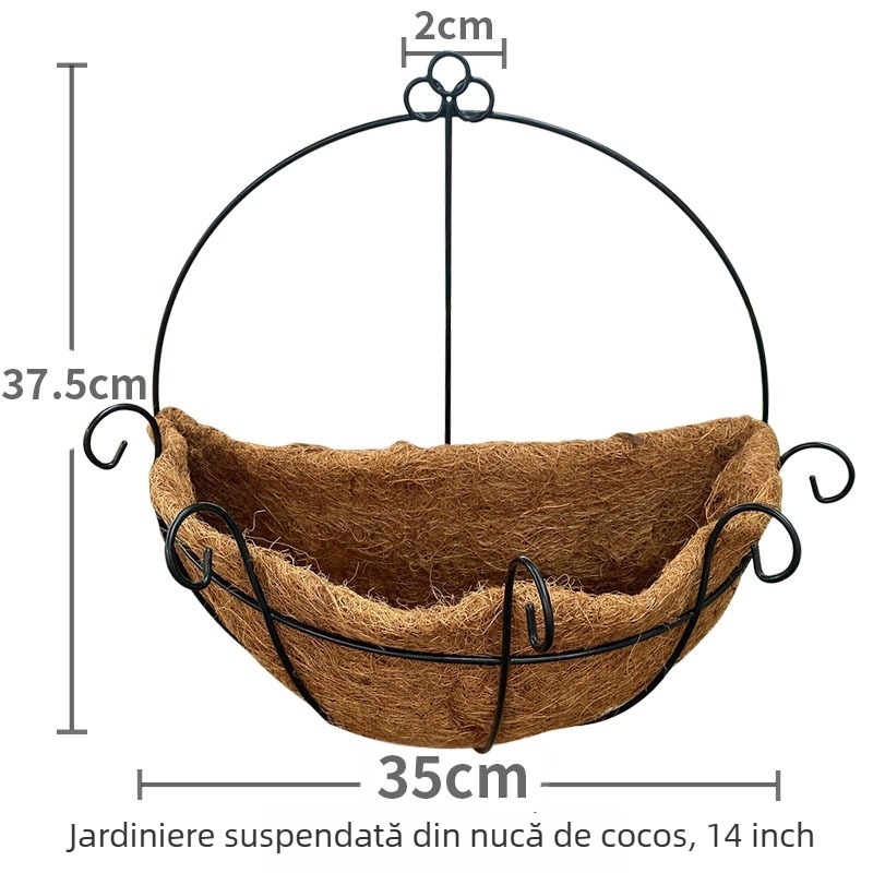 Ghiveci suspendat prietenos cu mediul, respirabil, pentru balcon — coș din fibre de cocos, pentru montaj pe perete sau pentru agățat