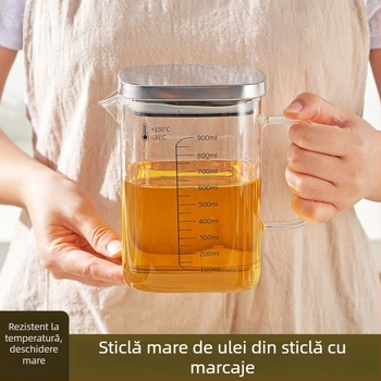 Recipient pentru ulei din sticlă borosilicată, cu mâner, rezistent la temperaturi înalte, măsurătoare pătrată cu capac, pentru ulei și ceai.