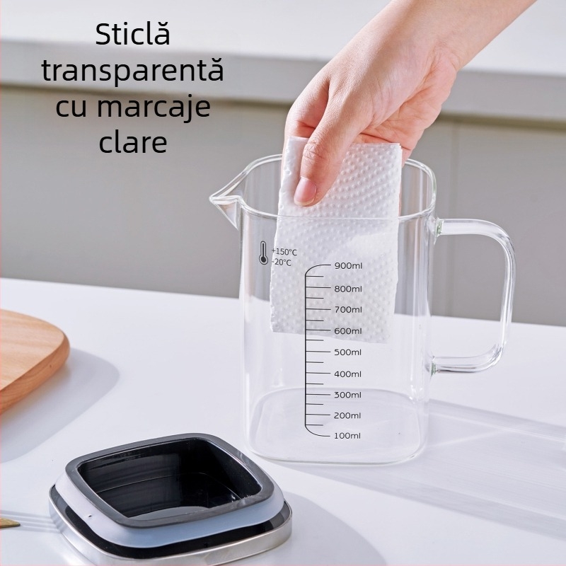 Recipient pentru ulei din sticlă borosilicată, cu mâner, rezistent la temperaturi înalte, măsurătoare pătrată cu capac, pentru ulei și ceai.