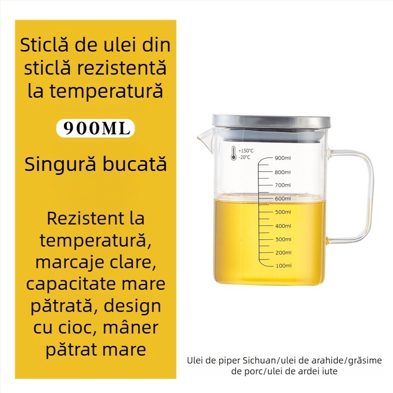 Recipient pentru ulei din sticlă borosilicată, cu mâner, rezistent la temperaturi înalte, măsurătoare pătrată cu capac, pentru ulei și ceai.