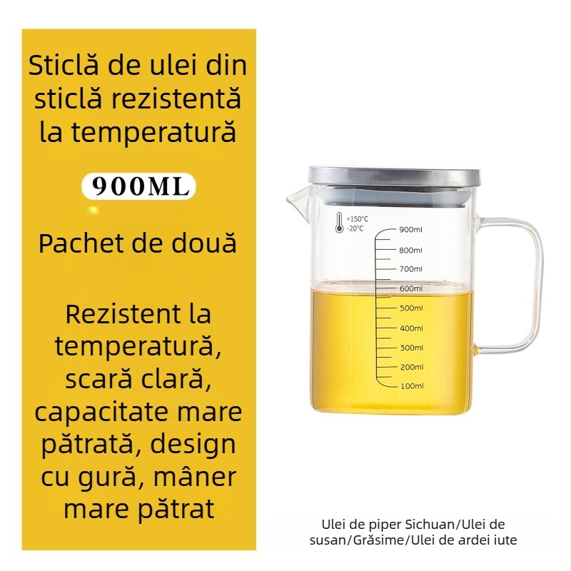 Recipient pentru ulei din sticlă borosilicată, cu mâner, rezistent la temperaturi înalte, măsurătoare pătrată cu capac, pentru ulei și ceai.