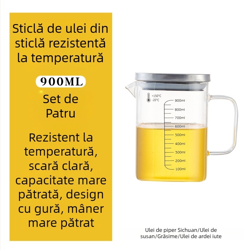 Recipient pentru ulei din sticlă borosilicată, cu mâner, rezistent la temperaturi înalte, măsurătoare pătrată cu capac, pentru ulei și ceai.