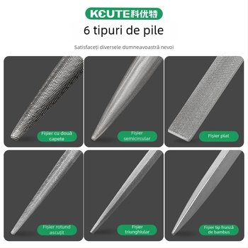 Set mare de fișiere: fișier triunghiular, fișier semi-rotund, fișier plat pentru modelare și fișier gros pentru prelucrarea metalelor și fabricarea bijuteriilor.