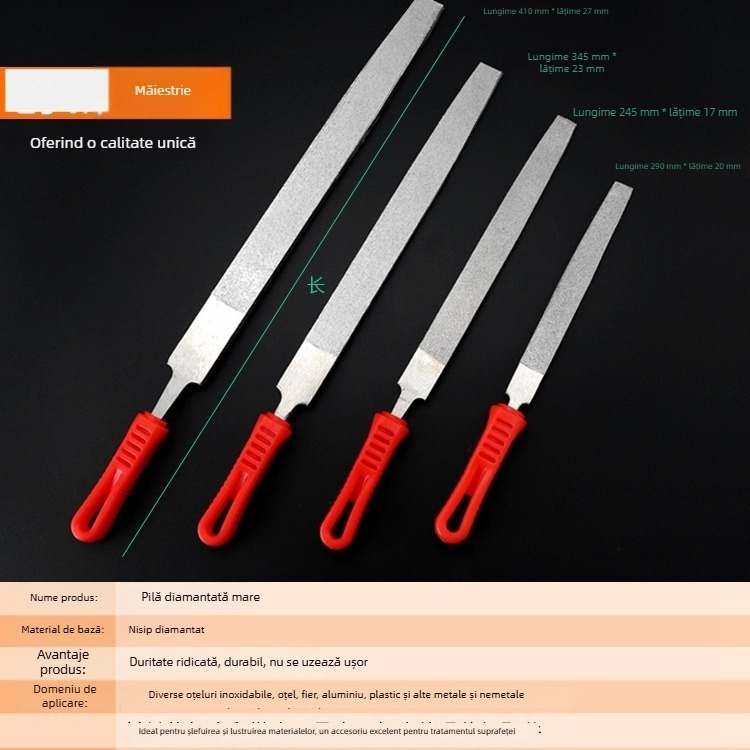 Set de fișiere diamantate cu profiluri multiple: plat, triunghiular, circular, pătrat și semicircular; abraziv diamantat electroplatat; dimensiuni 6, 8, 10 și 12 inci; pentru metal și piatră