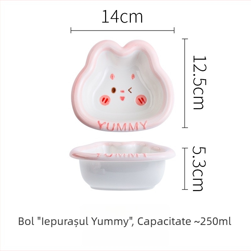 Set ceramic pentru copii cu iepurașul drăguț Yami, bol de orez cu mâner, farfurie pentru găluște, pictură manuală sub glazură
