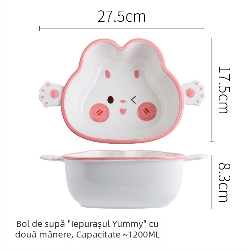 Set ceramic pentru copii cu iepurașul drăguț Yami, bol de orez cu mâner, farfurie pentru găluște, pictură manuală sub glazură