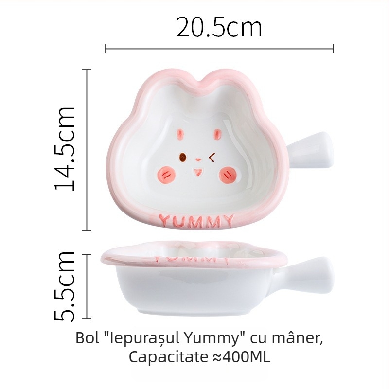 Set ceramic pentru copii cu iepurașul drăguț Yami, bol de orez cu mâner, farfurie pentru găluște, pictură manuală sub glazură