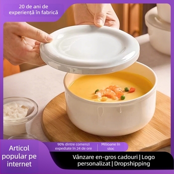 Vas ceramic pentru aburi cu capac, pentru budincă de ou, compatibil cu microunde
