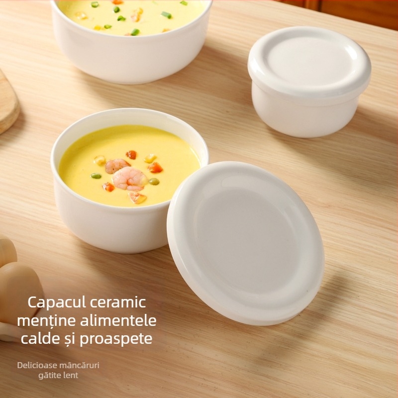 Vas ceramic pentru aburi cu capac, pentru budincă de ou, compatibil cu microunde