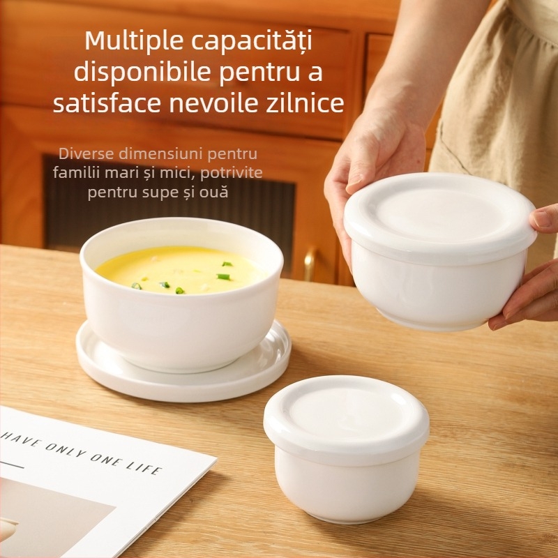 Vas ceramic pentru aburi cu capac, pentru budincă de ou, compatibil cu microunde