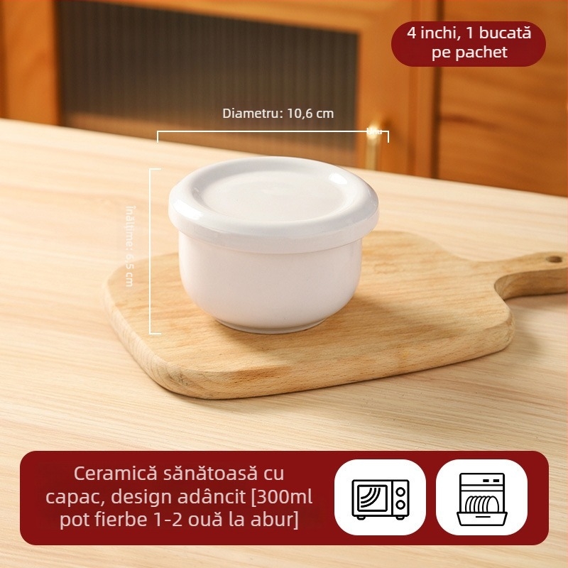 Vas ceramic pentru aburi cu capac, pentru budincă de ou, compatibil cu microunde