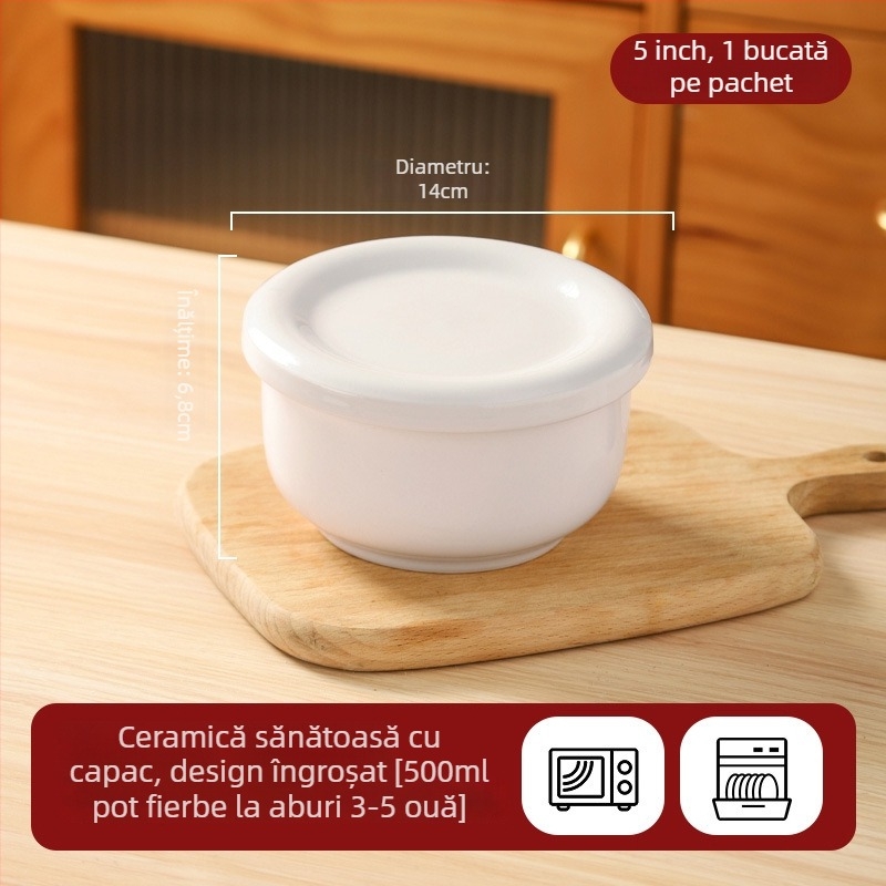 Vas ceramic pentru aburi cu capac, pentru budincă de ou, compatibil cu microunde