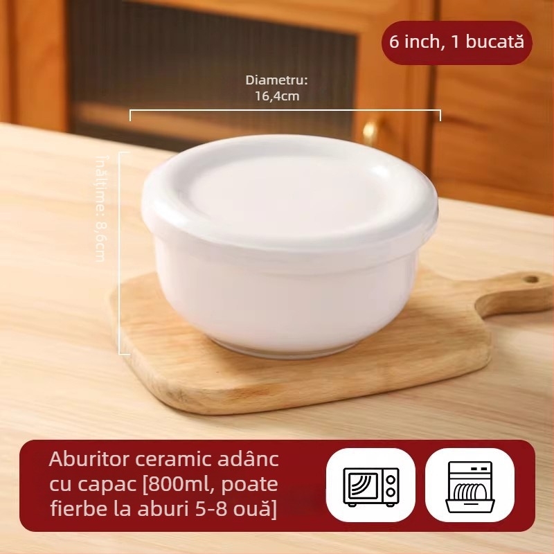Vas ceramic pentru aburi cu capac, pentru budincă de ou, compatibil cu microunde