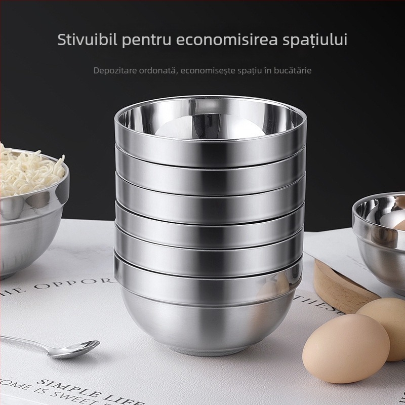 Vas din oțel inoxidabil 304, izolație cu dublu strat, pentru salată, tăiței, orez și supă - utilizare la școală și acasă