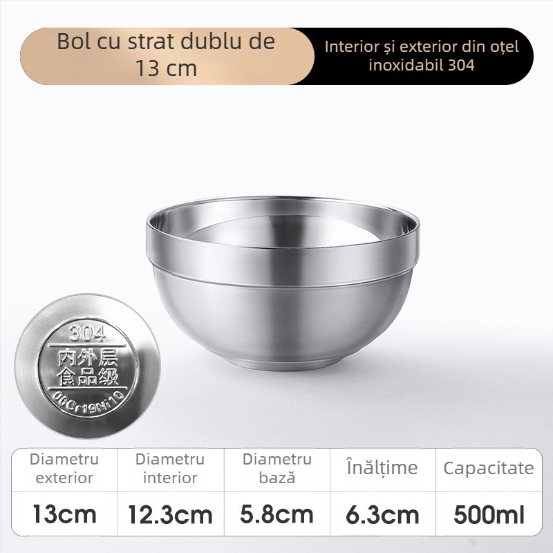 Vas din oțel inoxidabil 304, izolație cu dublu strat, pentru salată, tăiței, orez și supă - utilizare la școală și acasă