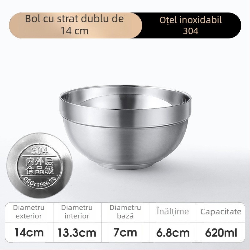 Vas din oțel inoxidabil 304, izolație cu dublu strat, pentru salată, tăiței, orez și supă - utilizare la școală și acasă