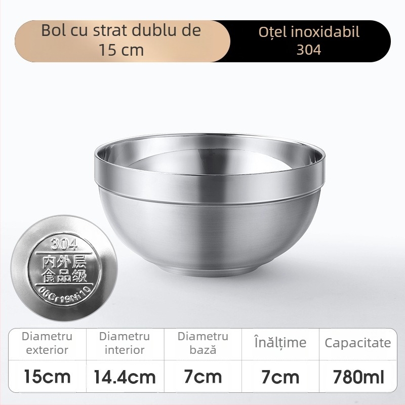 Vas din oțel inoxidabil 304, izolație cu dublu strat, pentru salată, tăiței, orez și supă - utilizare la școală și acasă