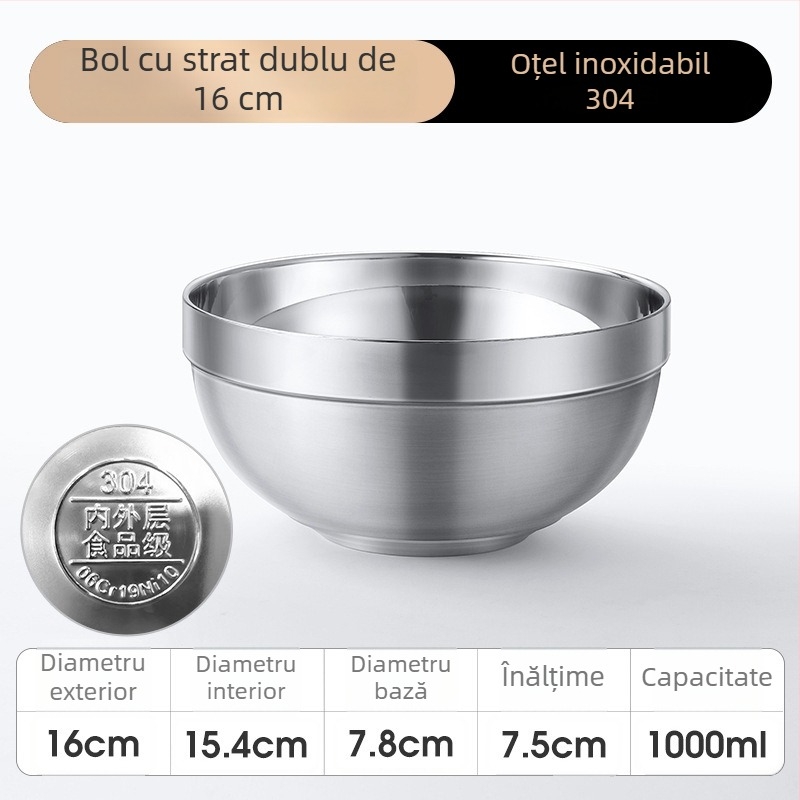 Vas din oțel inoxidabil 304, izolație cu dublu strat, pentru salată, tăiței, orez și supă - utilizare la școală și acasă
