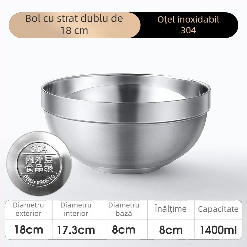 Vas din oțel inoxidabil 304, izolație cu dublu strat, pentru salată, tăiței, orez și supă - utilizare la școală și acasă