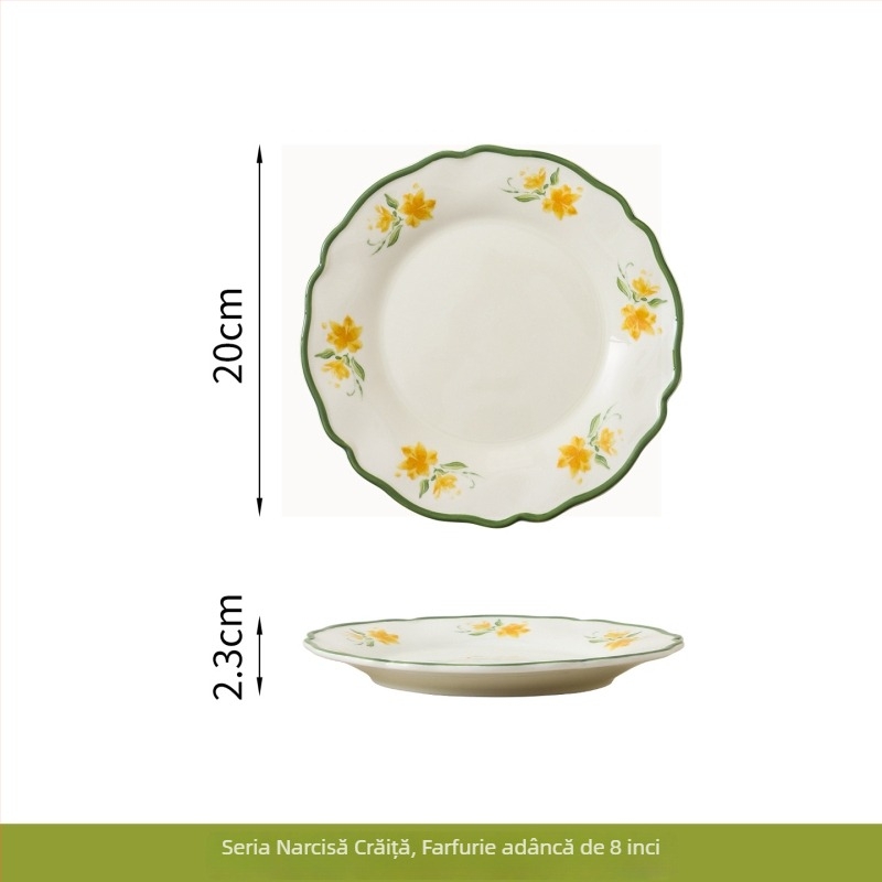 Set de veselă din porțelan cu glazură Narcissus Lily, stil pastoral – bol de orez, bol de supă, farfurie