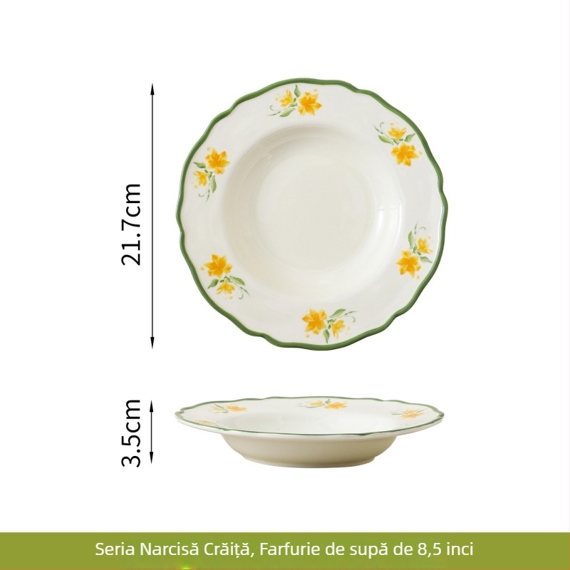 Set de veselă din porțelan cu glazură Narcissus Lily, stil pastoral – bol de orez, bol de supă, farfurie