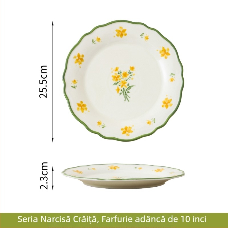 Set de veselă din porțelan cu glazură Narcissus Lily, stil pastoral – bol de orez, bol de supă, farfurie